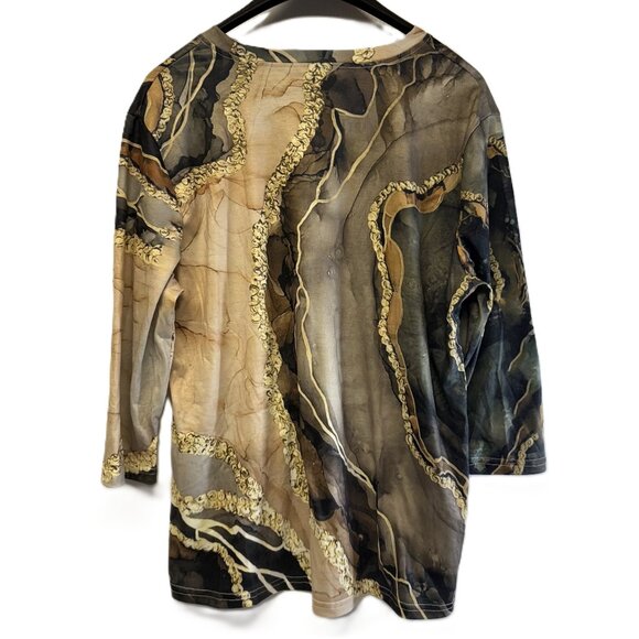 Women’s XL Neutral Print Long Sleeve Tee – Beige/Black/Brown Abstract Top - Picture 3 of 6